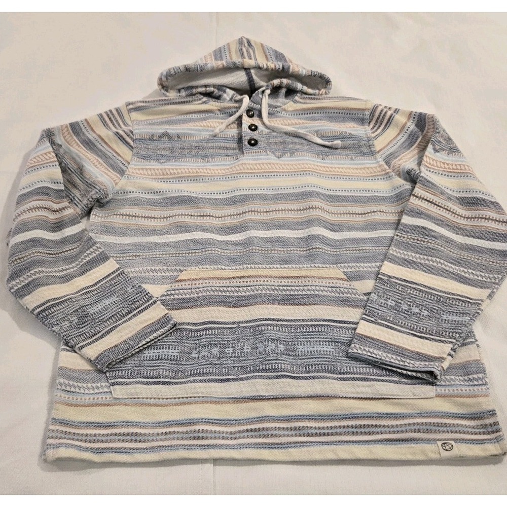 Free Planet 1/4 Button Pull Over Men's Striped Henley Hooded Sweater‎ Size Large